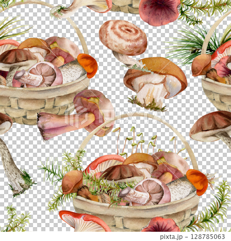 Baskets full of picked mushrooms, autumn forest harvest of bolete russula webcap milk-cap fungi with horsetail plant stalks, grass blades. Seamless pattern tile hand drawn in watercolor. Label, menu Baskets full of picked mushrooms, autumn forest harvest of bolete russula webcap milk-cap fungi with horsetail plant stalks, grass blades. Seamless pattern tile hand drawn in watercolor. Label, menu 128785063