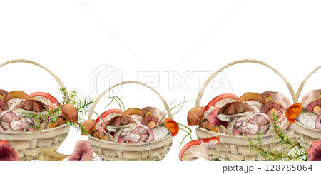 Baskets full of picked mushrooms, autumn forest harvest of bolete russula webcap milk-cap fungi with horsetail plant stalks, grass blades. Seamless banner header wrapper hand drawn in watercolor. 128785064