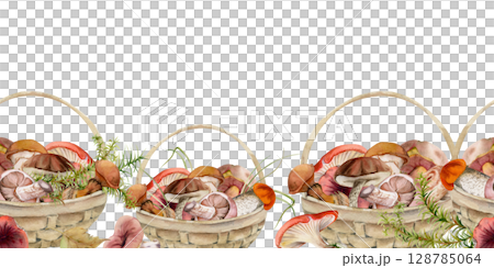 Baskets full of picked mushrooms, autumn forest harvest of bolete russula webcap milk-cap fungi with horsetail plant stalks, grass blades. Seamless banner header wrapper hand drawn in watercolor. 128785064