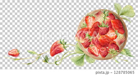 Strawberry full and half cut served on ceramic dish with leaves tendrils, ripe picked garden berry strasberry harvest. Isolated illustration hand drawn in watercolor. Dessert cafe menu, farmers market Strawberry full and half cut served on ceramic dish with leaves tendrils, ripe picked garden berry strasberry harvest. Isolated illustration hand drawn in watercolor. Dessert cafe menu, farmers market 128785065