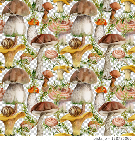 Mushrooms seamless pattern hand drawn in watercolor. Golden chanterelle girolle russula webcap birch bolete suillus slippery jack fungi, horsetail plant stalks. Wild food market packaging wrapping 128785066