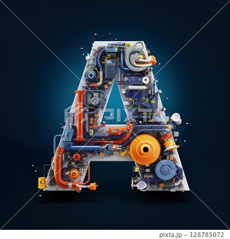 Mechanical alphabet made of auto parts. Letter A. 3D rendering 128785072