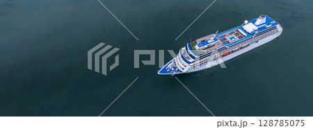 Aerial view cruise ship liner on ocean sea, Luxury cruise ship liner modern maritime travel lifestyle ocean sea, Cruise ship liner exclusive tourism travel on holiday take vacation time. 128785075
