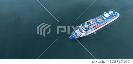 Aerial view cruise ship liner on ocean sea, Luxury cruise ship liner modern maritime travel lifestyle ocean sea, Cruise ship liner exclusive tourism travel on holiday take vacation time. 128785166