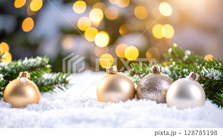 Shiny golden Christmas baubles adorn a festive fir branch, ready for holiday celebrations 128785198