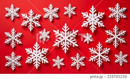 A festive red Christmas background with sparkling snowflakes creates a perfect winter holiday decoration 128785239