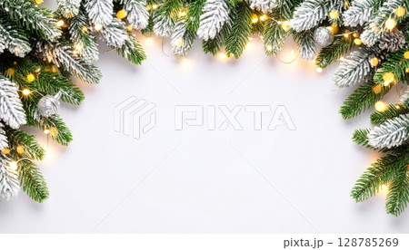 Snow-dusted evergreen branches create a festive Christmas background 128785269