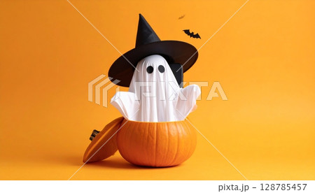 Horror cartoon illustration of a spooky black cat and an evil witch's hat on an autumn Halloween pumpkin lantern face 128785457