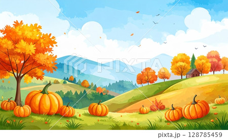 Vector autumn landscape with mountains, grass, and trees featuring pumpkins and fall leaves, perfect for Thanksgiving or Halloween harvest illustrations 128785459