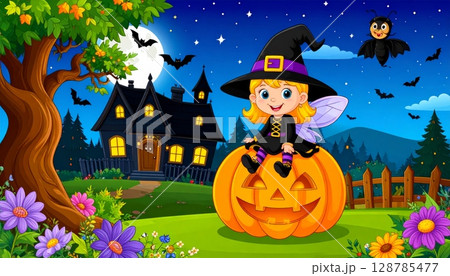 Spooky Halloween night with a scary pumpkin, bats, and a witch's house silhouette under an autumn moon, perfect for a dark October celebration vector illustration design 128785477