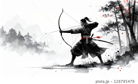 Vector cartoon illustration of people in winter sport ski design with silhouettes of a man and woman, one man with a sword 128785478