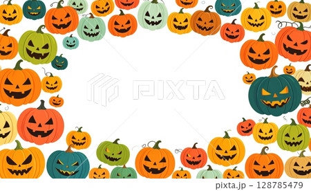 A vector illustration set of spooky Halloween pumpkins and autumn holiday decorations forms a festive orange frame 128785479