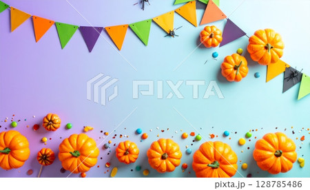Orange and black vector illustration of a scary Halloween pumpkin patch background with jack-o-lanterns, perfect for spooky October holiday celebrations 128785486