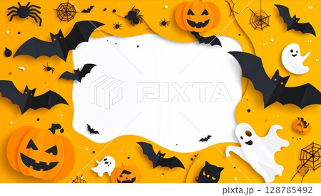 Spooky Halloween night background with cartoon pumpkins, bats, and ghosts, perfect for an October party celebration illustration Spooky Halloween night background with cartoon pumpkins, bats, and ghosts, perfect for an October party celebration illustration 128785492