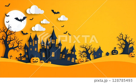 Spooky Halloween night background with cartoon pumpkins, bats, and ghosts, perfect for an October party celebration illustration 128785493