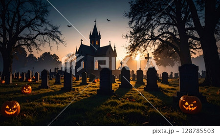 Spooky Halloween night background with a silhouette of a Gothic castle and church against a dark, clouded sky at sunset, capturing the mysterious European cityscape 128785503