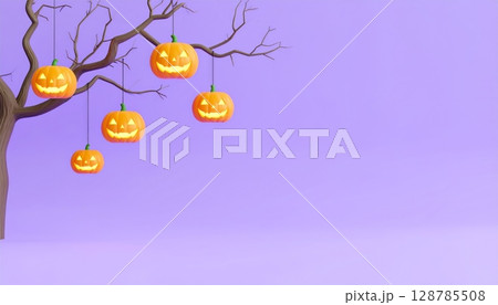 Spooky Halloween pumpkins illuminate a dark autumn background, their carved faces and orange glow symbolizing the scary October holiday celebration 128785508
