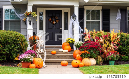 Happy family enjoying autumn pumpkins at their decorated home 128785519