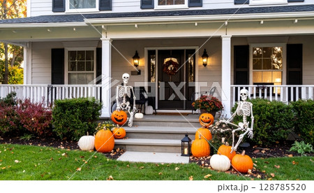 Happy family enjoying autumn pumpkins at their decorated home 128785520