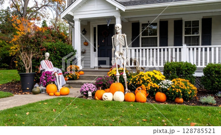 Happy family enjoying autumn pumpkins at their decorated home 128785521