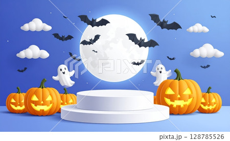 Orange Halloween pumpkin with scary bats illustration for autumn holiday celebration 128785526