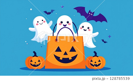 Cute cartoon Halloween witch girl with a pumpkin, bats, and moon in a spooky autumn night party vector illustration 128785539