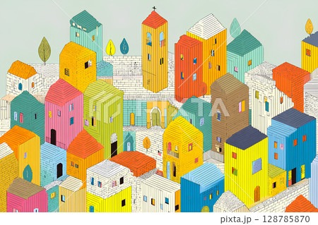 カラフルな街並みのイラスト カラフルな街並みのイラスト 128785870
