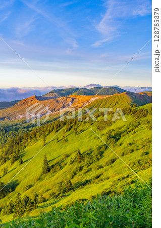 (群馬県)渋峠から望む、朝の光を浴びる芳ヶ平と噴煙上げる白根山 (群馬県)渋峠から望む、朝の光を浴びる芳ヶ平と噴煙上げる白根山 128785879