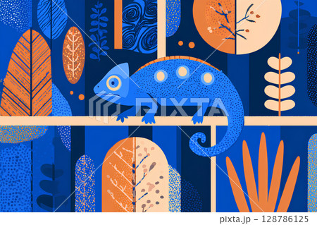 カラフルなカメレオンのいるアート的イラスト 128786125