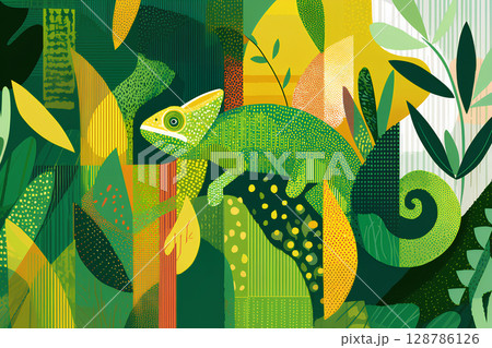 カラフルなカメレオンのいるアート的イラスト カラフルなカメレオンのいるアート的イラスト 128786126