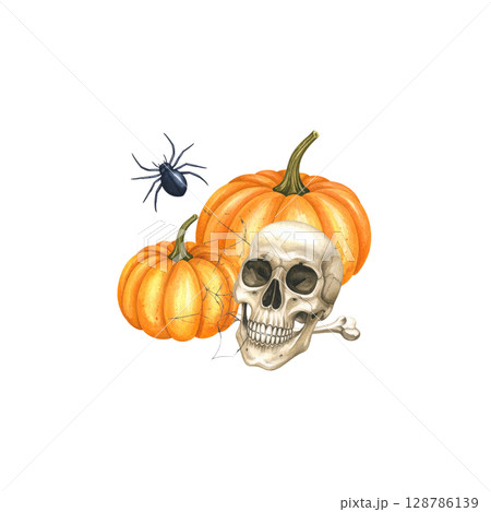 Illustration of orange Halloween pumpkin and skull with scary face isolated on white background. 128786139