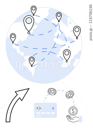 World map with location pins connected by dashed lines, digital payment card, coins, and a hand catching a coin. Ideal for global payments, online transactions, international trade, digital banking World map with location pins connected by dashed lines, digital payment card, coins, and a hand catching a coin. Ideal for global payments, online transactions, international trade, digital banking 128786286