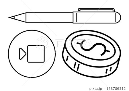 Pen, play button, and dollar coin outline on white background. Ideal for business planning, financial strategies, online marketing, video content, investment themes, educational materials 128786312