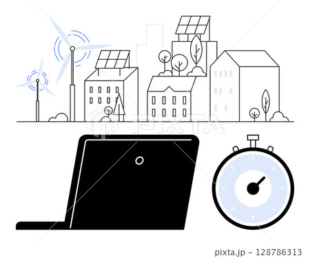 Buildings with solar panels wind turbines trees. Black laptop stopwatch. Ideal for sustainability eco-friendly, cityscape, renewable energy, urban planning, technology, time management. Line 128786313