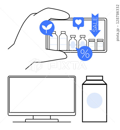 Hand holding smartphone with bottles on screen tagged with discount icons. Desktop monitor and milk carton nearby. Ideal for e-commerce, digital marketing, sales promotions, online shopping, product 128786332