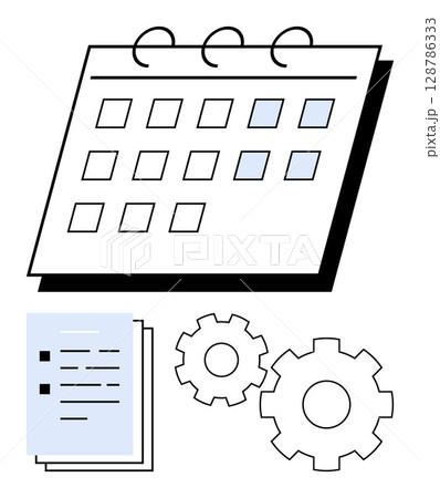 Calendar with highlighted dates, documents, and gears. Ideal for project management, workflow planning, team coordination, schedule setting, business organization, time management strategic 128786333