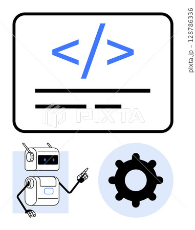 Coding tag robot pointing text lines, gear icon. Ideal for computer science, software development, programming, AI, robotics, technology education, automation. Line metaphor Coding tag robot pointing text lines, gear icon. Ideal for computer science, software development, programming, AI, robotics, technology education, automation. Line metaphor 128786336