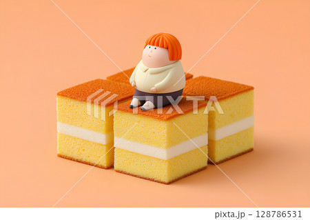 カステラケーキとポッチャリした女の子（3D） 128786531