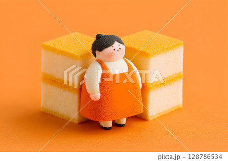 カステラケーキとポッチャリした女の子（3D） 128786534