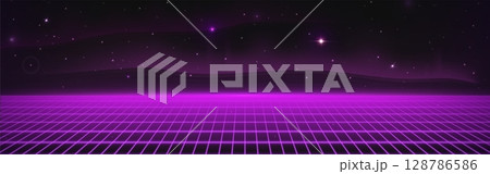 Neon purple grid floor with starry night sky 128786586