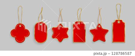 Red gift tags with gold string hanging loops Red gift tags with gold string hanging loops 128786587