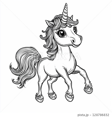 Whimsical Unicorn Line Drawing, Black and White Illustration with Flowing Mane and Round Face 128786832