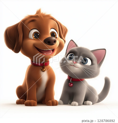 Cute Brown Puppy and Cartoon Cat Sitting Together, 3D Render of Smiling Dog and Cat Duo Cute Brown Puppy and Cartoon Cat Sitting Together, 3D Render of Smiling Dog and Cat Duo 128786892