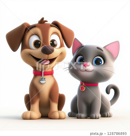 Cute Brown Puppy and Cartoon Cat Sitting Together, 3D Render of Smiling Dog and Cat Duo 128786893