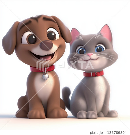 Cute Brown Puppy and Cartoon Cat Sitting Together, 3D Render of Smiling Dog and Cat Duo Cute Brown Puppy and Cartoon Cat Sitting Together, 3D Render of Smiling Dog and Cat Duo 128786894
