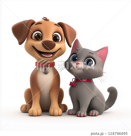 Cute Brown Puppy and Cartoon Cat Sitting Together, 3D Render of Smiling Dog and Cat Duo 128786895
