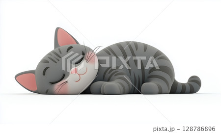 Gray Striped Cartoon Cat Lying Down, 3D Render of Cute Resting Feline with Head on Paws 128786896