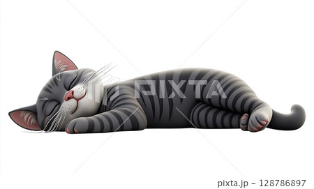 Gray Striped Cartoon Cat Lying Down, 3D Render of Cute Resting Feline with Head on Paws Gray Striped Cartoon Cat Lying Down, 3D Render of Cute Resting Feline with Head on Paws 128786897