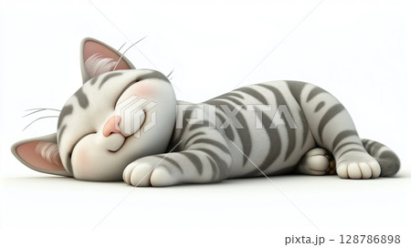 Gray Striped Cartoon Cat Lying Down, 3D Render of Cute Resting Feline with Head on Paws Gray Striped Cartoon Cat Lying Down, 3D Render of Cute Resting Feline with Head on Paws 128786898