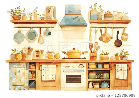 Charming watercolor kitchen scene with rustic shelves, vintage pots, and lush green plants 128786989